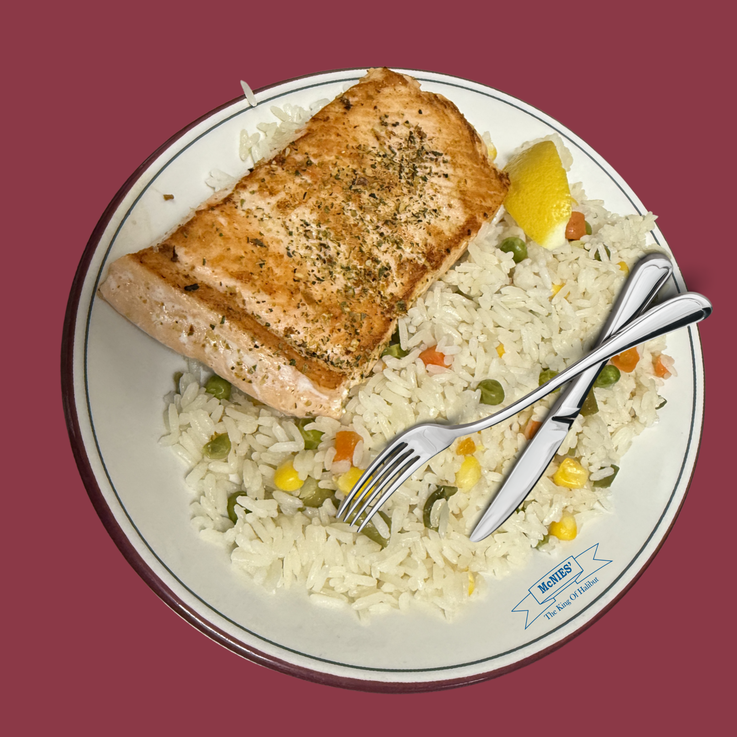 Flame-grilled seared premium Salmon steak with side sides